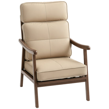 Living Room Armchair Upholstered in PU with Wooden Frame Thick Padded Cushions High Backrest 150 kg Load Reading Armchair for Living Room Bedroom Khaki and Walnut Wood