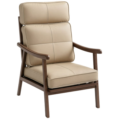 Living Room Armchair Upholstered in PU with Wooden Frame Thick Padded Cushions High Backrest 150 kg Load Reading Armchair for Living Room Bedroom Khaki and Walnut Wood