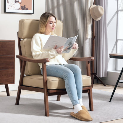 Living Room Armchair Upholstered in PU with Wooden Frame Thick Padded Cushions High Backrest 150 kg Load Reading Armchair for Living Room Bedroom Khaki and Walnut Wood