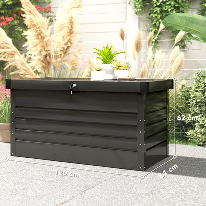 450L Metal Garden Storage Box — Lockable, Water-Resistant Cushion Chest with Double-Wall Lid & Gloves, 47.2×24.0×24.4 in (120×61×62 cm), Gray