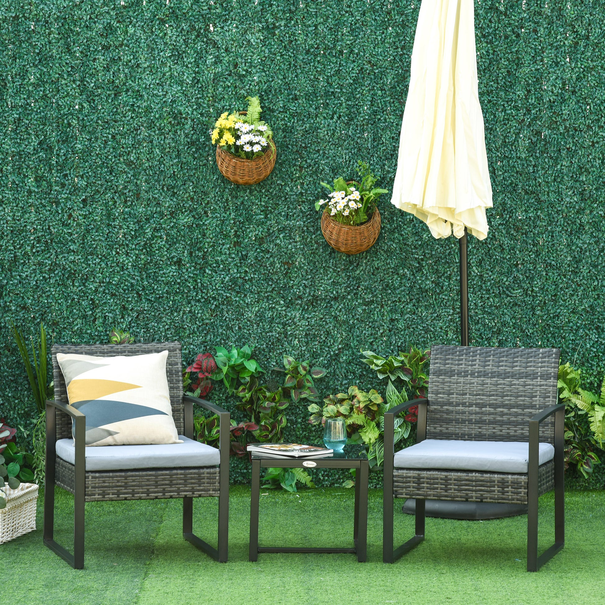 Polyrattan Garden Furniture Set, Outdoor Balcony Furniture for 2 Persons, 3-Piece Seating Group with 2 Chairs, Table Seat Cushion, Weatherproof Garden Furniture for Garden, Terrace Balcony, Gray