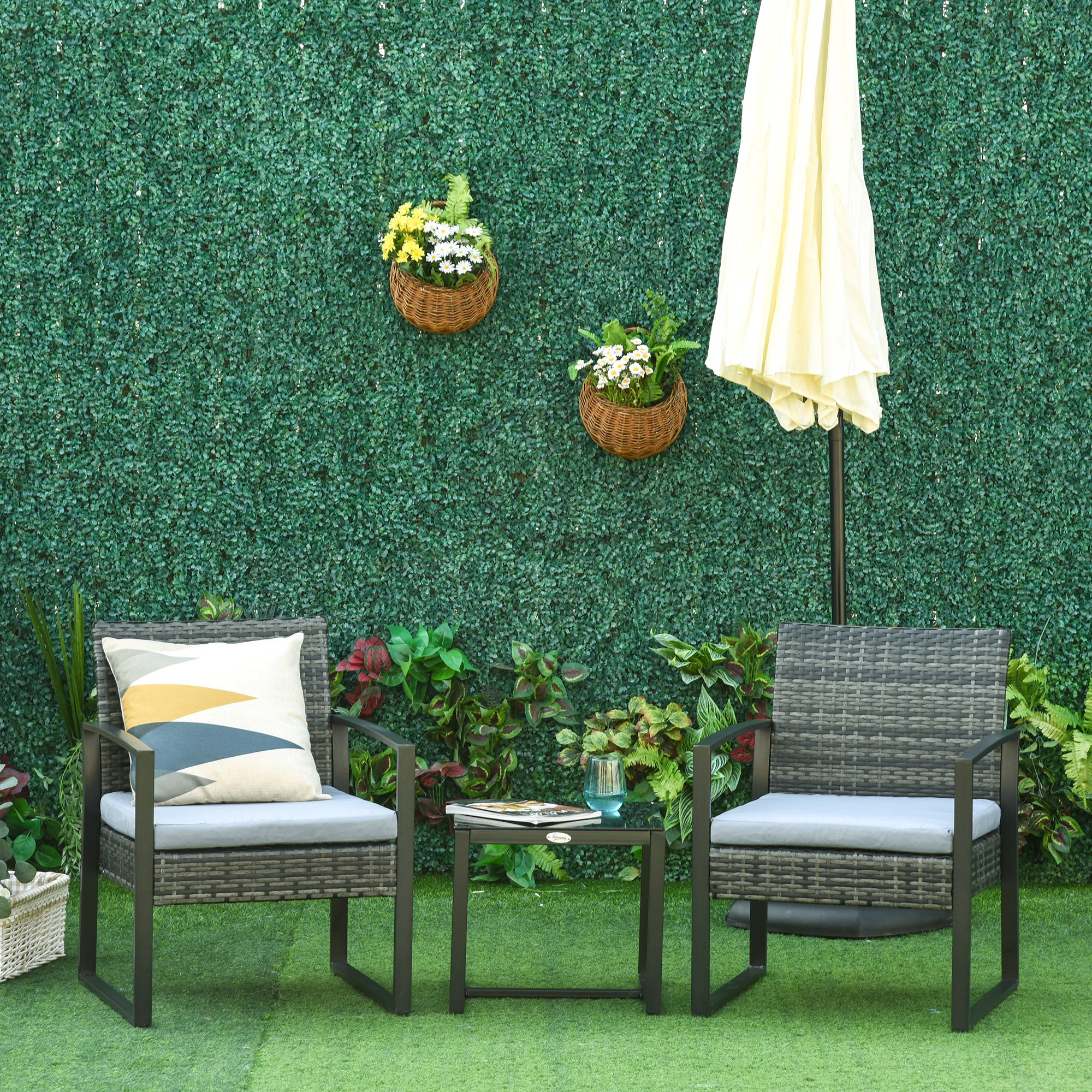 Polyrattan Garden Furniture Set, Outdoor Balcony Furniture for 2 Persons, 3-Piece Seating Group with 2 Chairs, Table Seat Cushion, Weatherproof Garden Furniture for Garden, Terrace Balcony, Gray