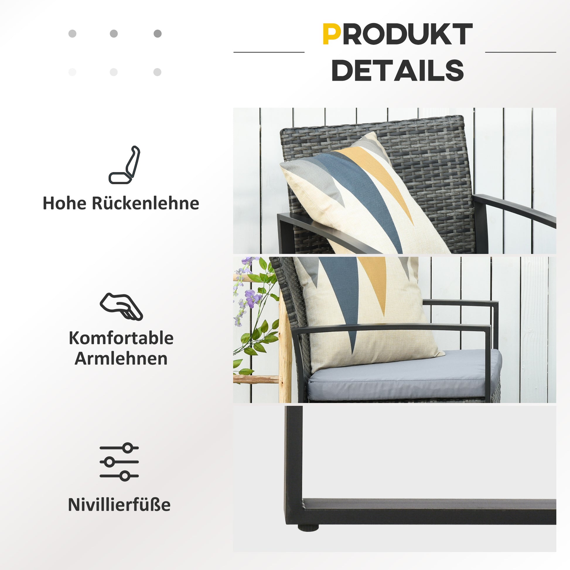 Polyrattan Garden Furniture Set, Outdoor Balcony Furniture for 2 Persons, 3-Piece Seating Group with 2 Chairs, Table Seat Cushion, Weatherproof Garden Furniture for Garden, Terrace Balcony, Gray