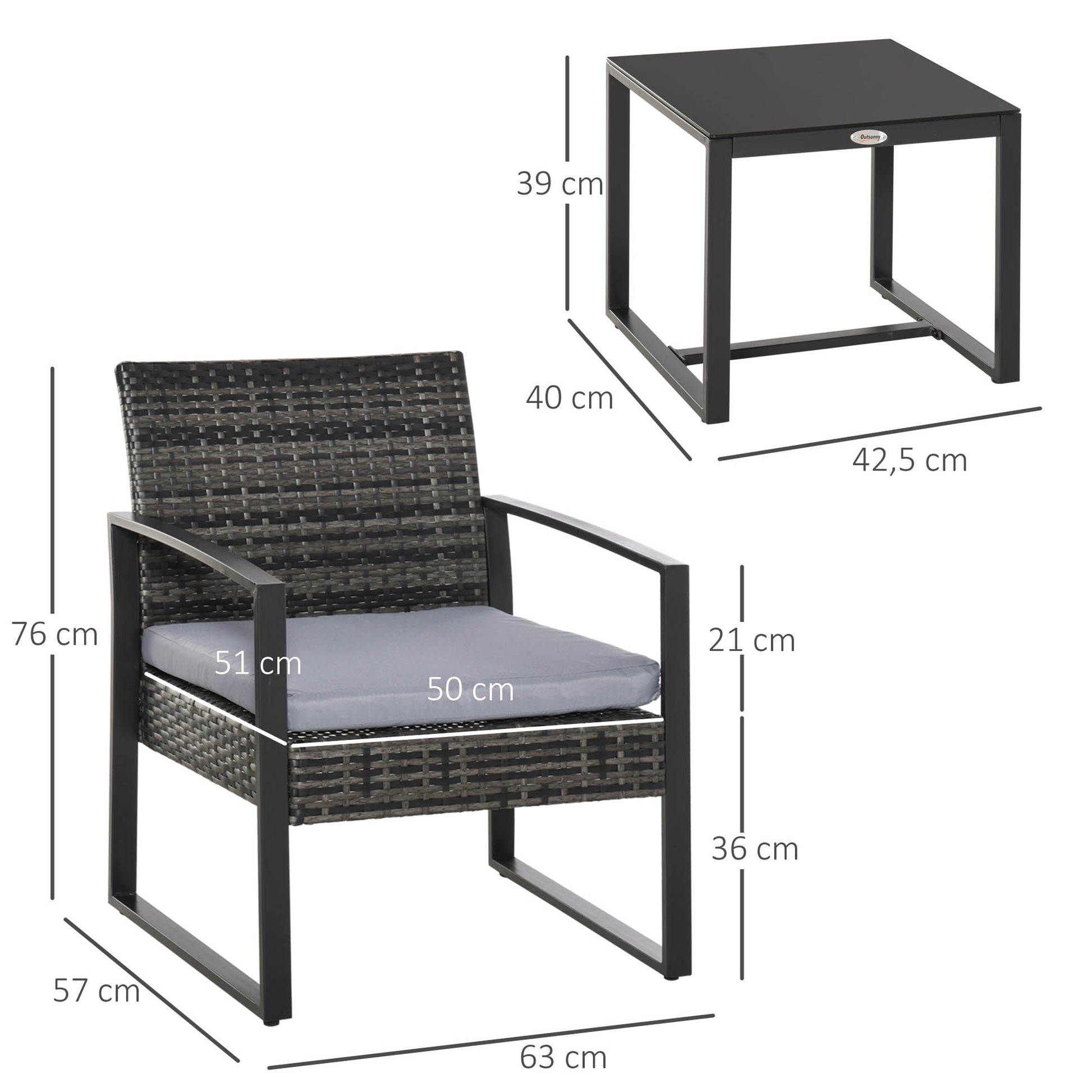 Polyrattan Garden Furniture Set, Outdoor Balcony Furniture for 2 Persons, 3-Piece Seating Group with 2 Chairs, Table Seat Cushion, Weatherproof Garden Furniture for Garden, Terrace Balcony, Gray
