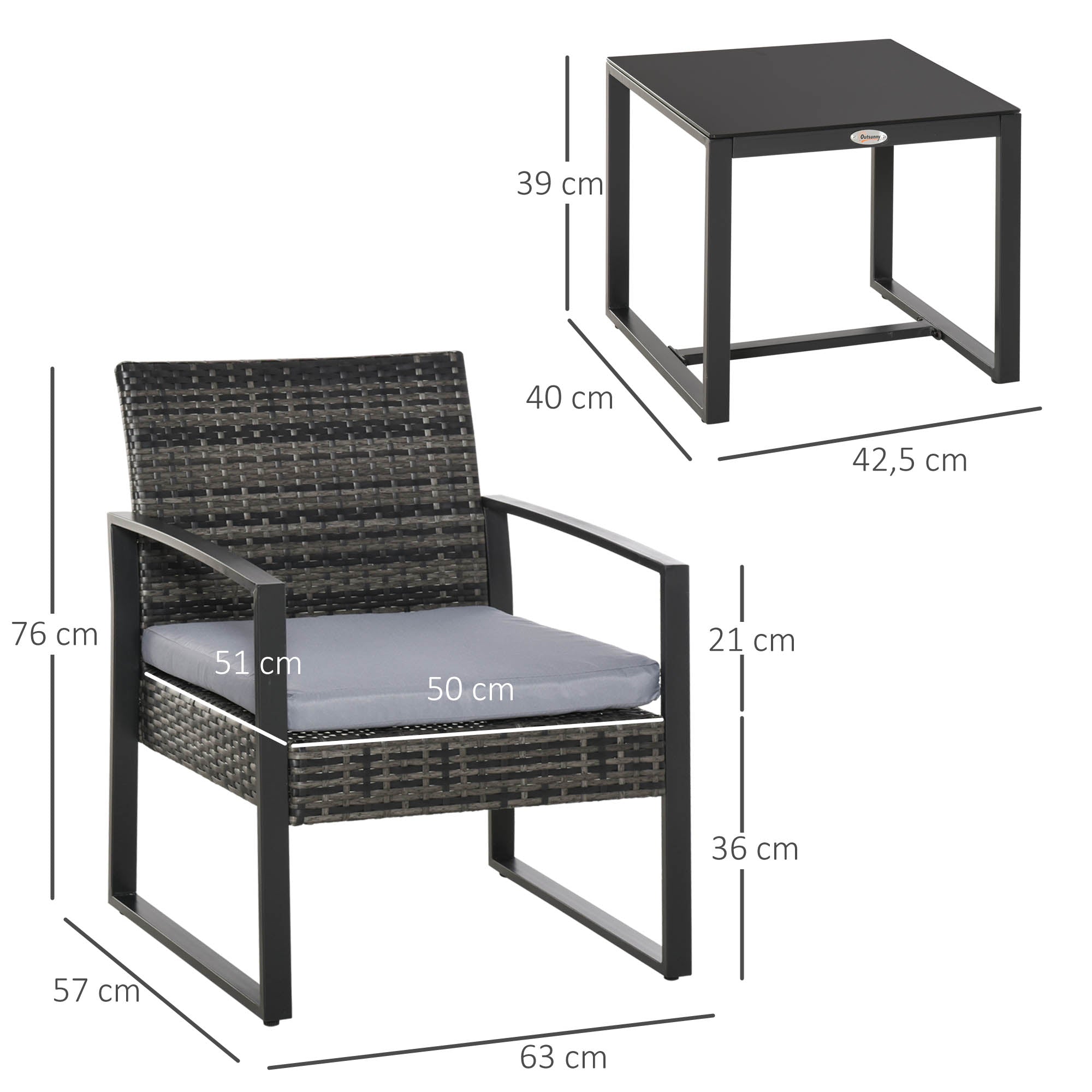 Polyrattan Garden Furniture Set, Outdoor Balcony Furniture for 2 Persons, 3-Piece Seating Group with 2 Chairs, Table Seat Cushion, Weatherproof Garden Furniture for Garden, Terrace Balcony, Gray
