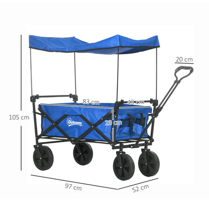 Folding Cart with Removable Canopy Beach Cart Garden Cart with Adjustable Handle Length and Angle Large Wheels and Carrying Bag Load 100 kg for Shopping Blue