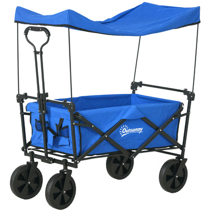 Folding Cart with Removable Canopy Beach Cart Garden Cart with Adjustable Handle Length and Angle Large Wheels and Carrying Bag Load 100 kg for Shopping Blue