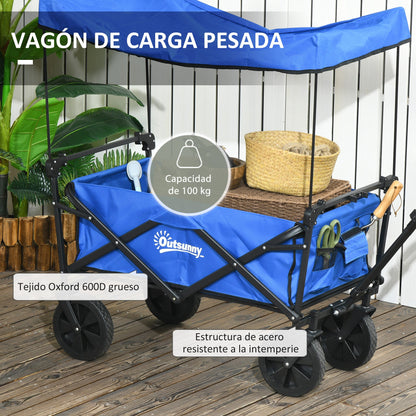 Folding Cart with Removable Canopy Beach Cart Garden Cart with Adjustable Handle Length and Angle Large Wheels and Carrying Bag Load 100 kg for Shopping Blue