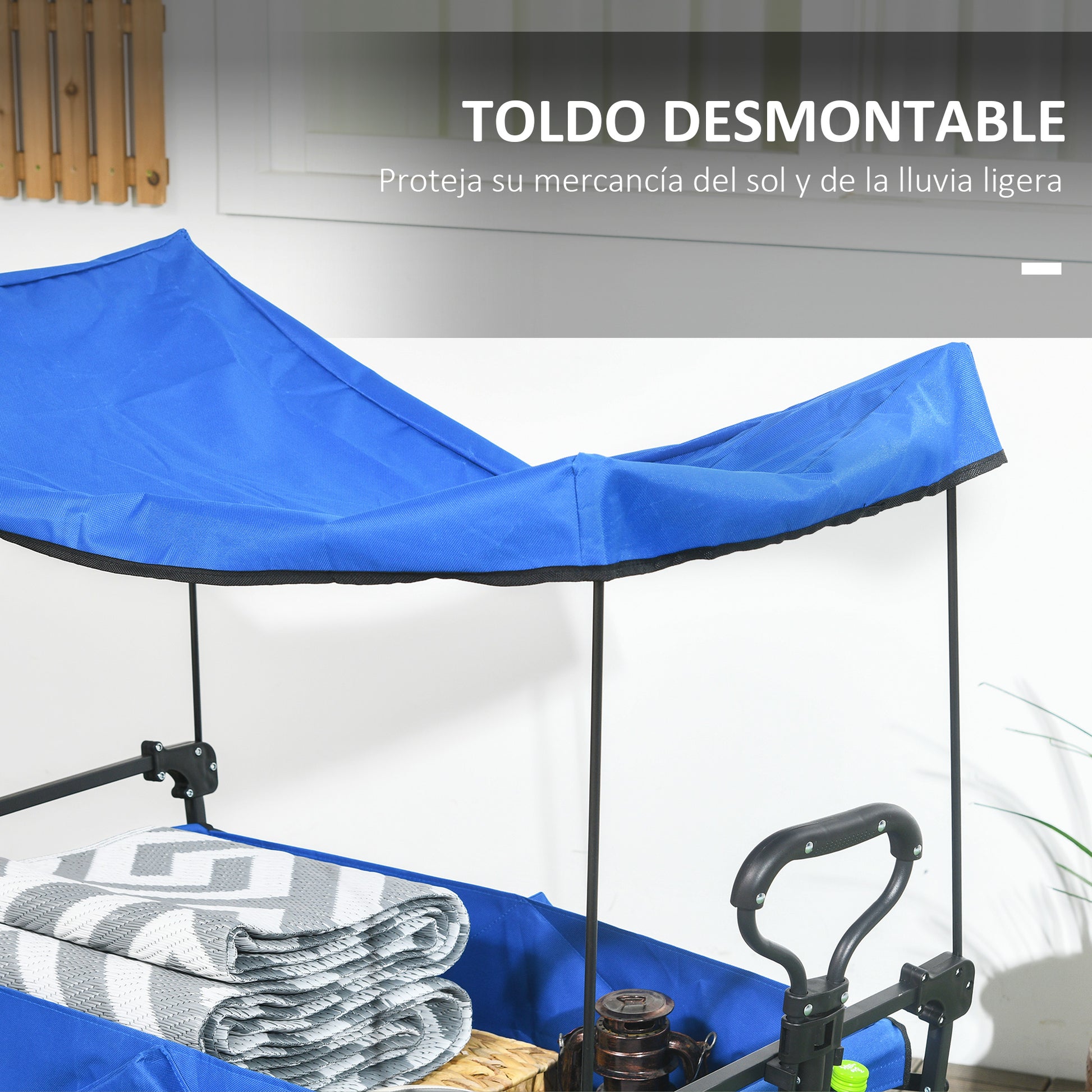 Folding Cart with Removable Canopy Beach Cart Garden Cart with Adjustable Handle Length and Angle Large Wheels and Carrying Bag Load 100 kg for Shopping Blue