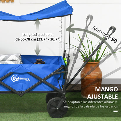 Folding Cart with Removable Canopy Beach Cart Garden Cart with Adjustable Handle Length and Angle Large Wheels and Carrying Bag Load 100 kg for Shopping Blue