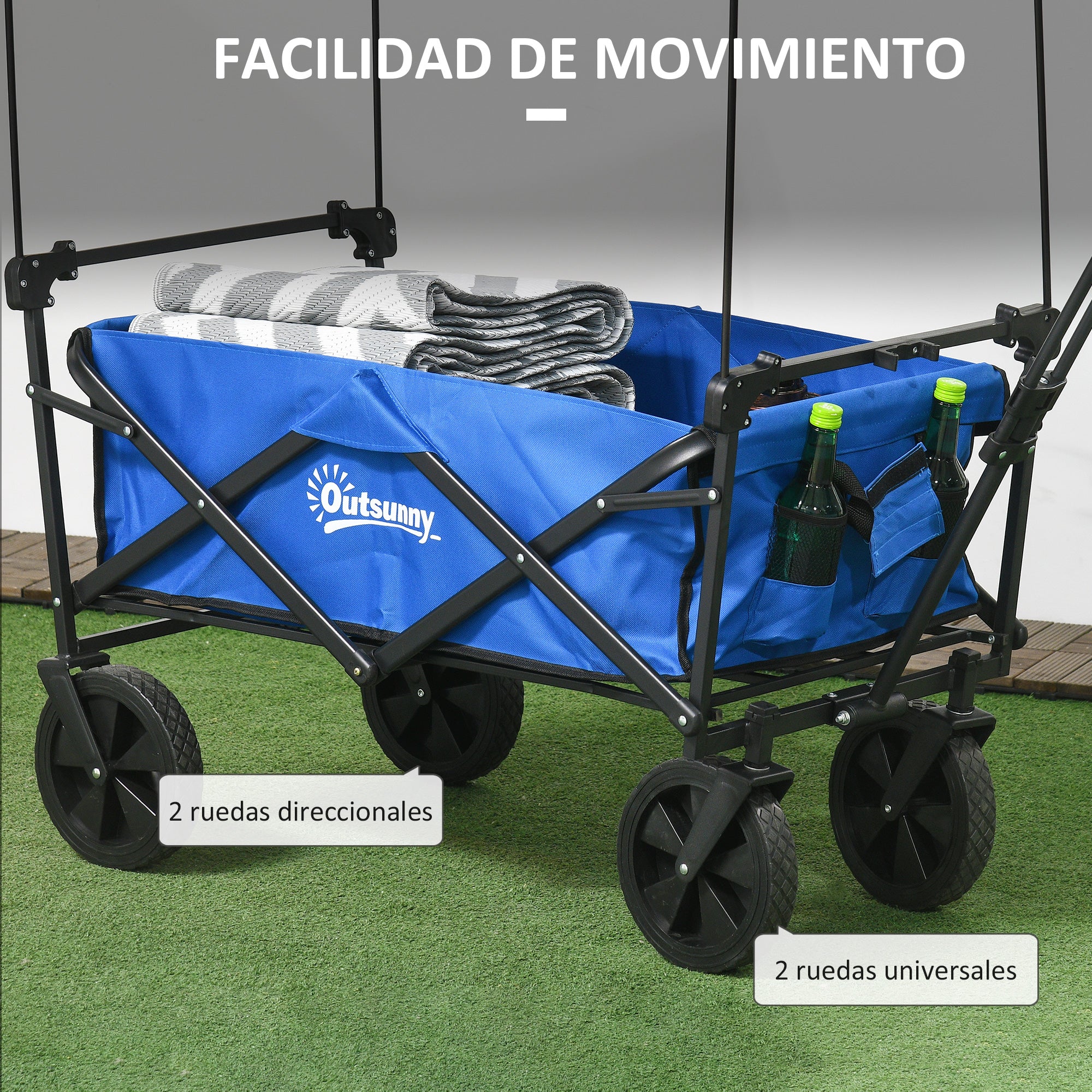 Folding Cart with Removable Canopy Beach Cart Garden Cart with Adjustable Handle Length and Angle Large Wheels and Carrying Bag Load 100 kg for Shopping Blue