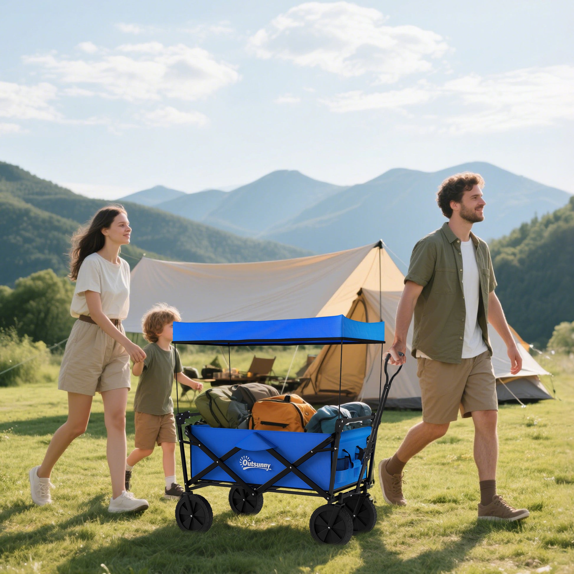 Folding Cart with Removable Canopy Beach Cart Garden Cart with Adjustable Handle Length and Angle Large Wheels and Carrying Bag Load 100 kg for Shopping Blue