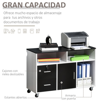Office Auxiliary Furniture Filing Cabinet with Wheels, Shelves, and Drawers Multi-Purpose Storage Cabinet 100x35x65 cm Black and White
