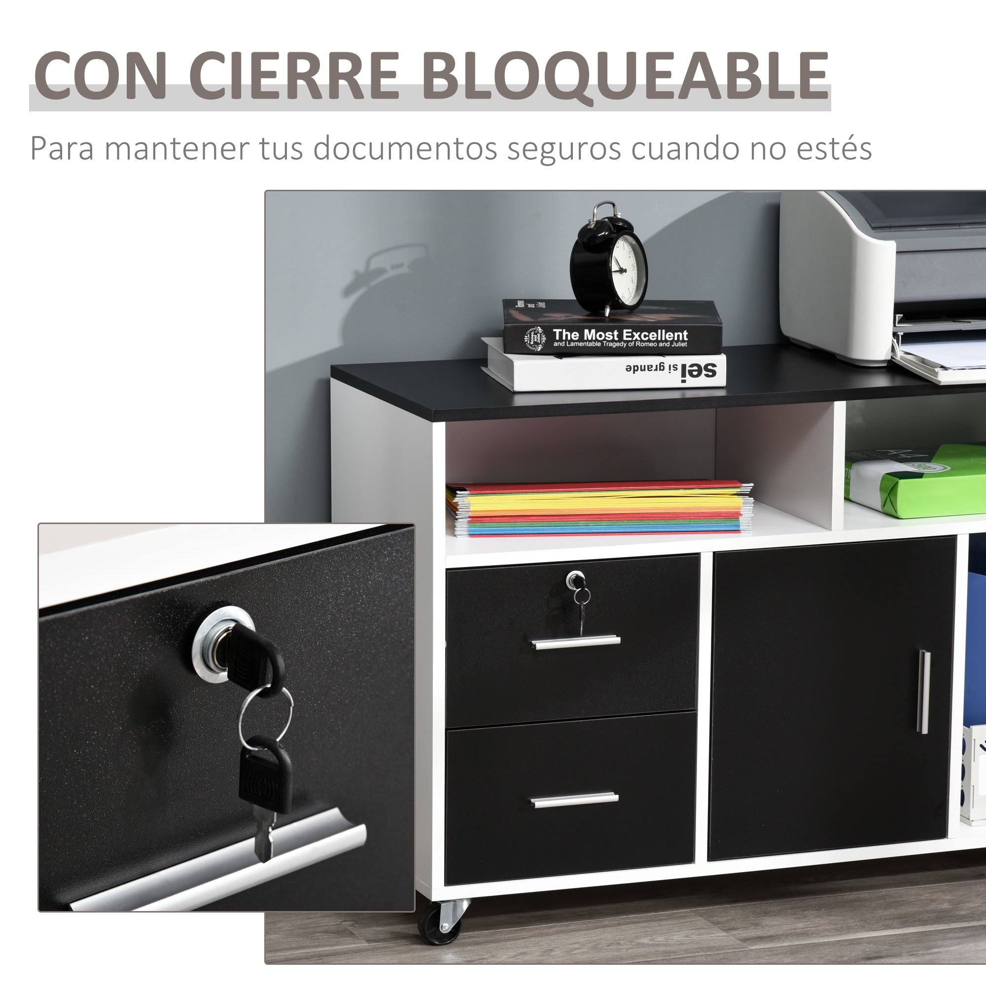 Office Auxiliary Furniture Filing Cabinet with Wheels, Shelves, and Drawers Multi-Purpose Storage Cabinet 100x35x65 cm Black and White