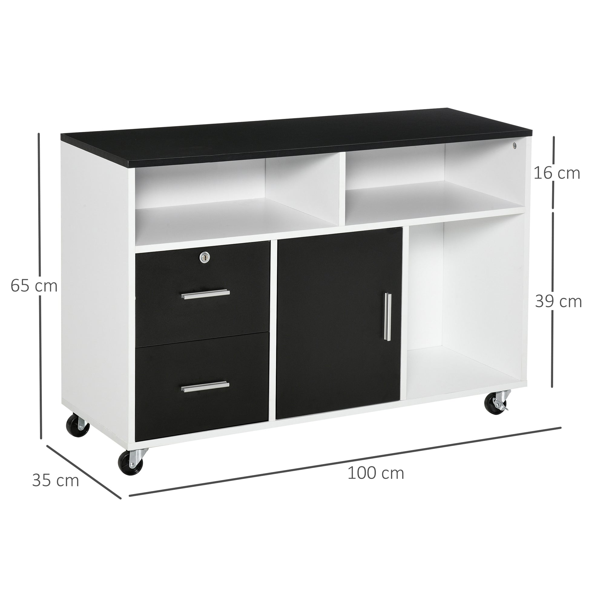 Office Auxiliary Furniture Filing Cabinet with Wheels, Shelves, and Drawers Multi-Purpose Storage Cabinet 100x35x65 cm Black and White