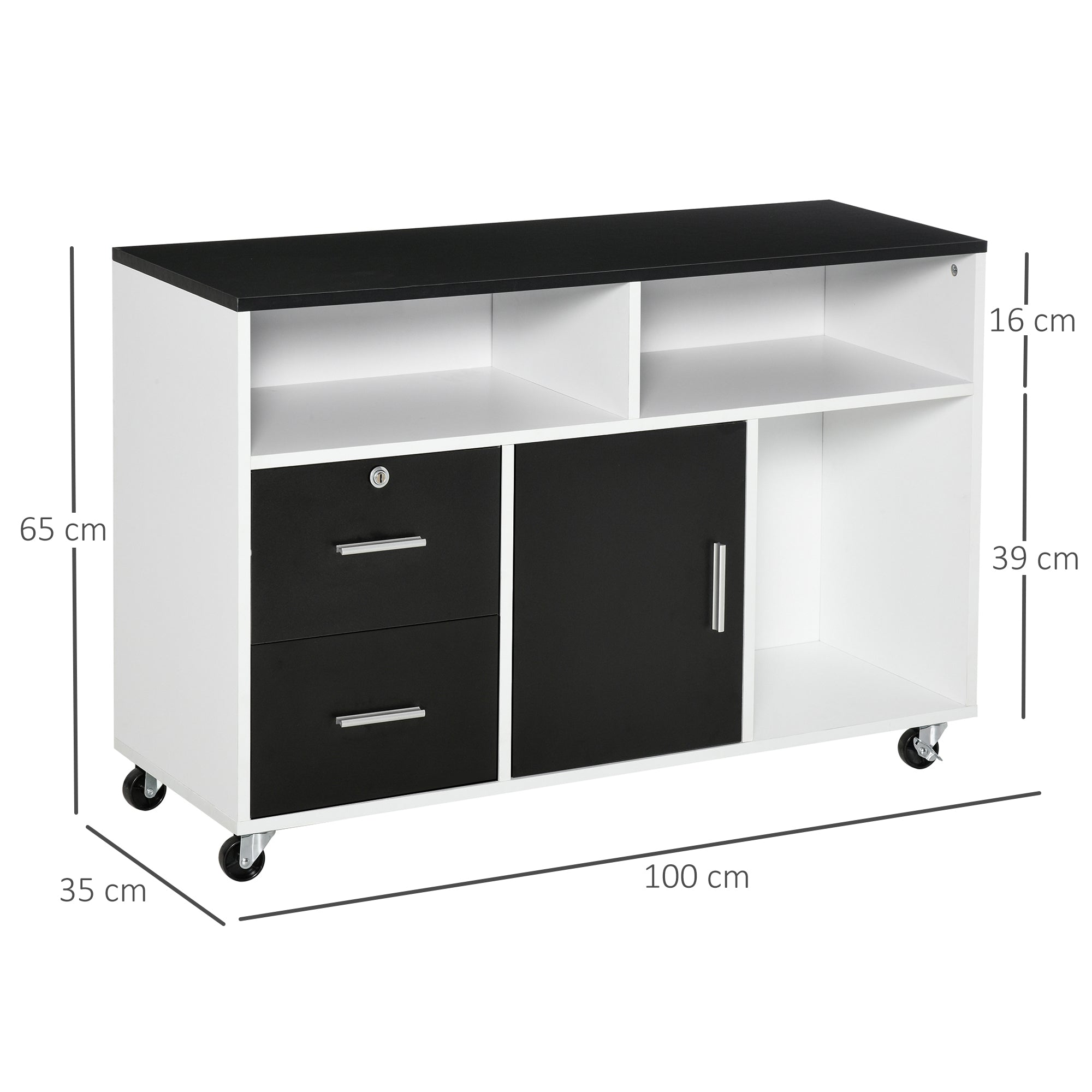 Office Auxiliary Furniture Filing Cabinet with Wheels, Shelves, and Drawers Multi-Purpose Storage Cabinet 100x35x65 cm Black and White