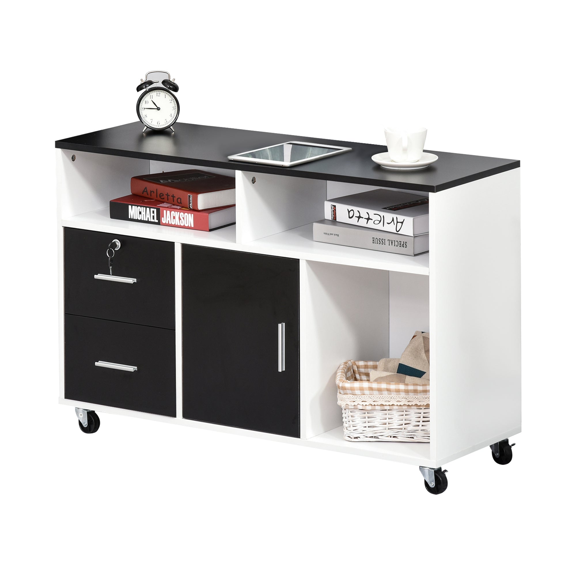 Office Auxiliary Furniture Filing Cabinet with Wheels, Shelves, and Drawers Multi-Purpose Storage Cabinet 100x35x65 cm Black and White