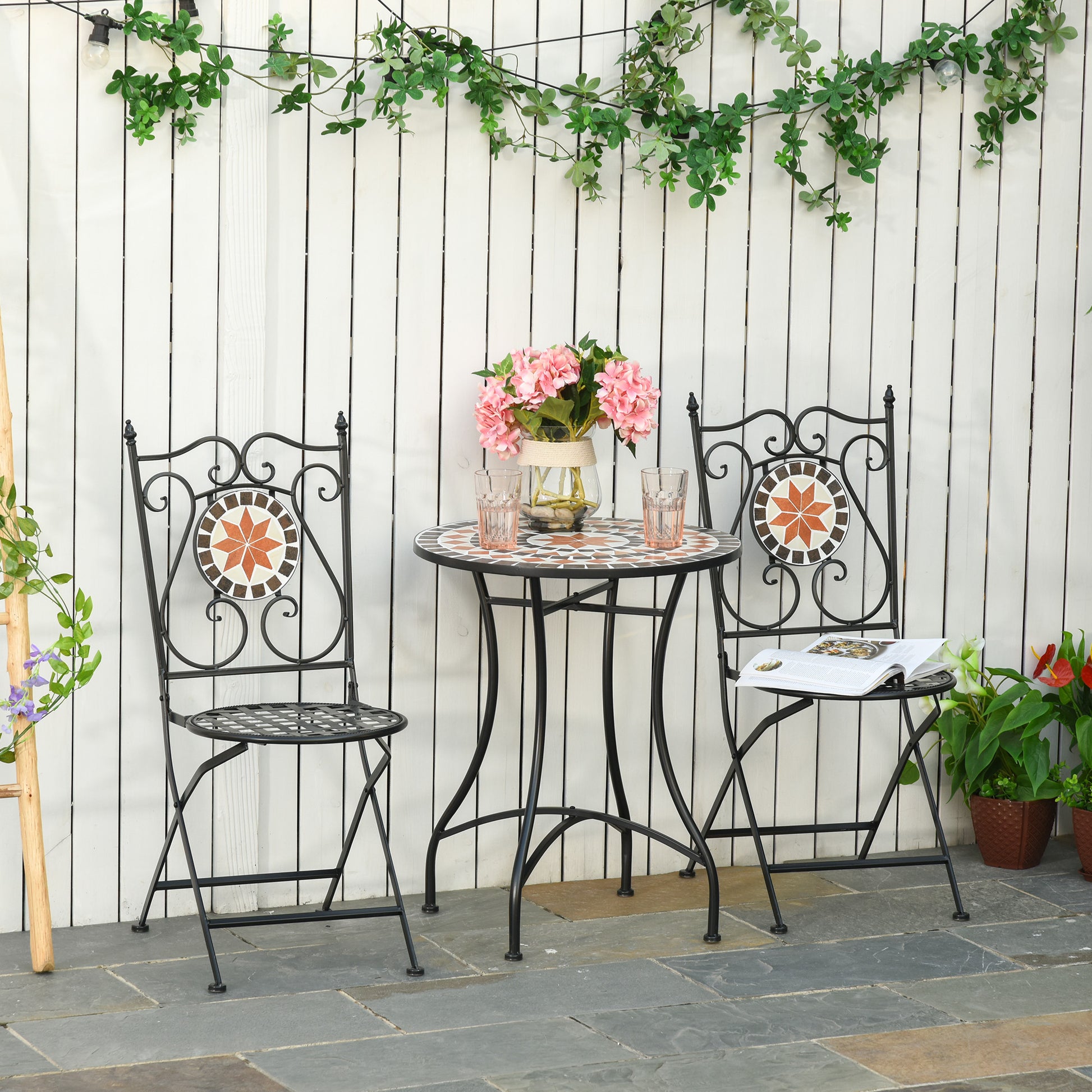 Garden Seating Group 3-piece Mosaic Table Dining Set Balcony Furniture Set Garden Furniture Set 1 Table+2 foldable Chairs Patio Metal Multicolor