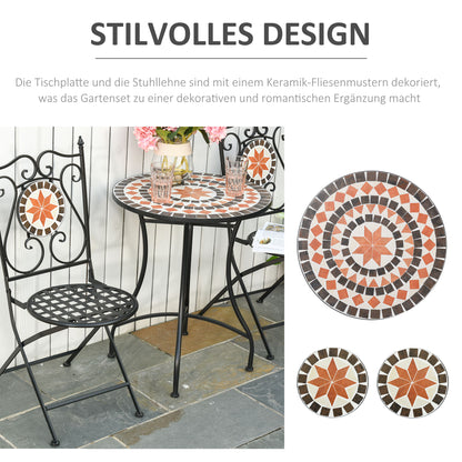 Garden Seating Group 3-piece Mosaic Table Dining Set Balcony Furniture Set Garden Furniture Set 1 Table+2 foldable Chairs Patio Metal Multicolor