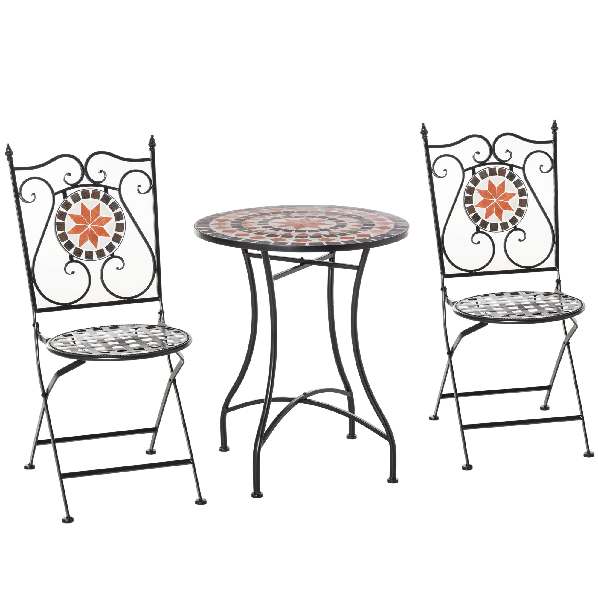 Garden Seating Group 3-piece Mosaic Table Dining Set Balcony Furniture Set Garden Furniture Set 1 Table+2 foldable Chairs Patio Metal Multicolor