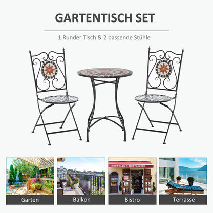 Garden Seating Group 3-piece Mosaic Table Dining Set Balcony Furniture Set Garden Furniture Set 1 Table+2 foldable Chairs Patio Metal Multicolor