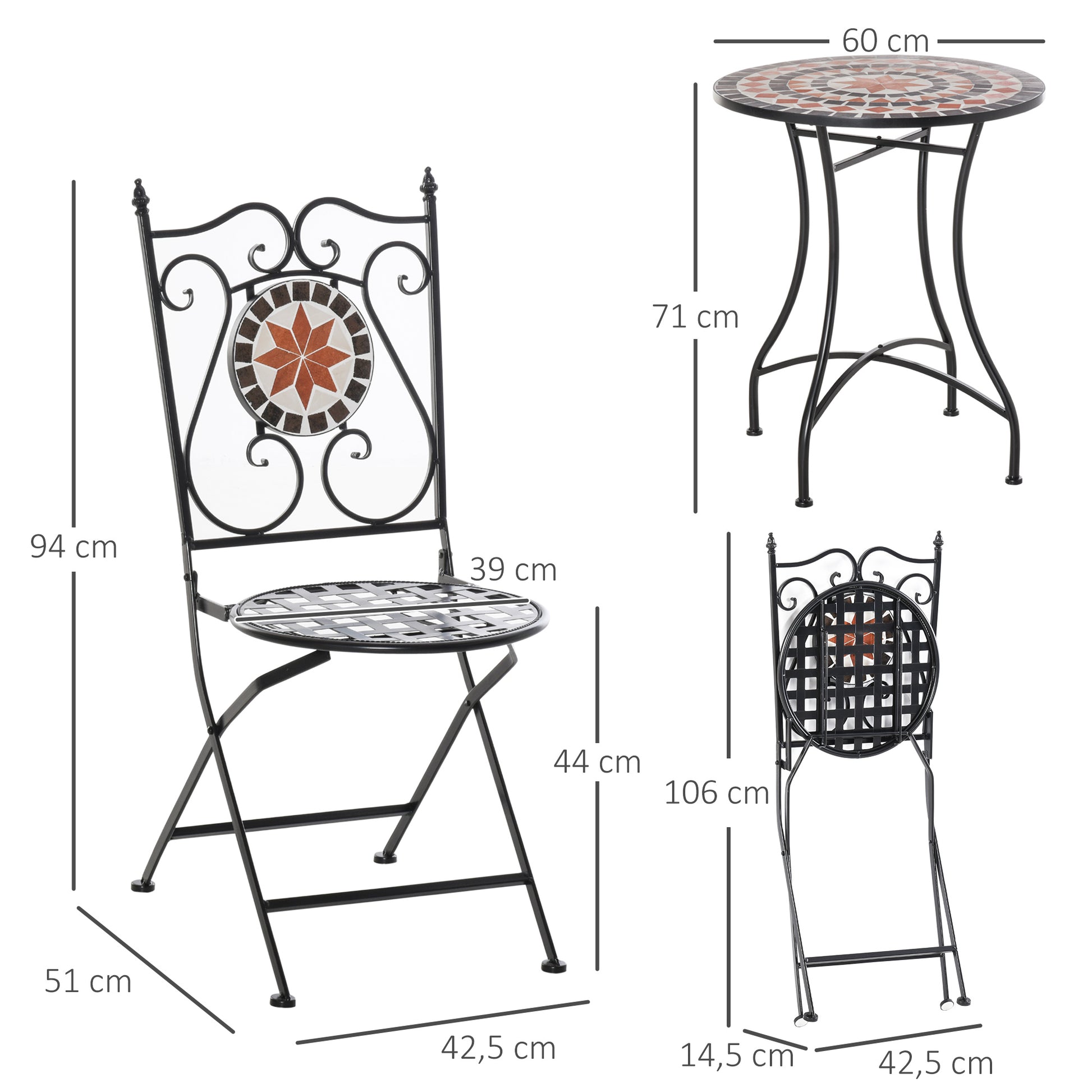 Garden Seating Group 3-piece Mosaic Table Dining Set Balcony Furniture Set Garden Furniture Set 1 Table+2 foldable Chairs Patio Metal Multicolor