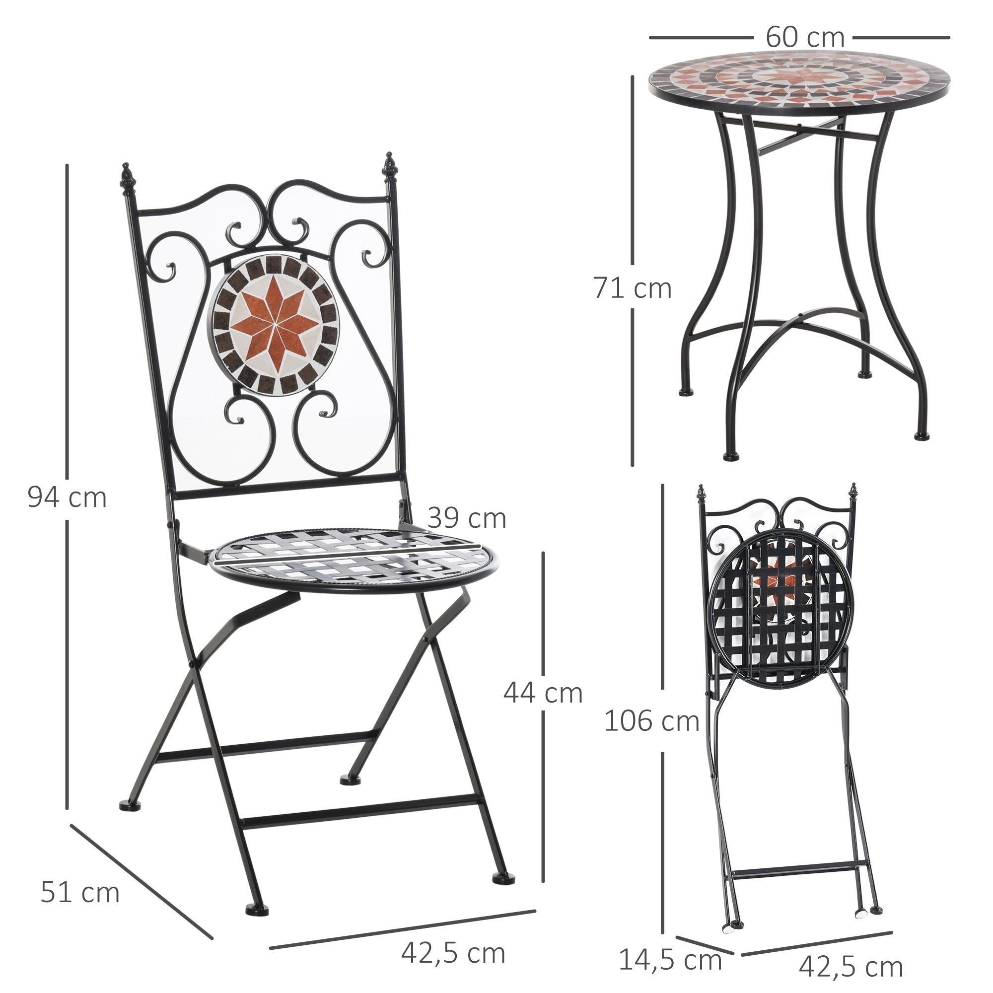 Garden Seating Group 3-piece Mosaic Table Dining Set Balcony Furniture Set Garden Furniture Set 1 Table+2 foldable Chairs Patio Metal Multicolor