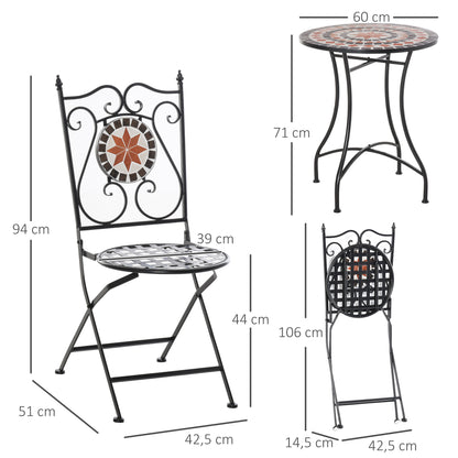 Garden Seating Group 3-piece Mosaic Table Dining Set Balcony Furniture Set Garden Furniture Set 1 Table+2 foldable Chairs Patio Metal Multicolor