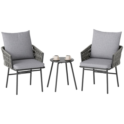 3-Piece Rattan Bistro Set, Seating Group, Garden Furniture with 2 Garden Chairs, Coffee Table, Removable Cushions, Balcony Furniture Set for Garden, Patio, Steel, Gray