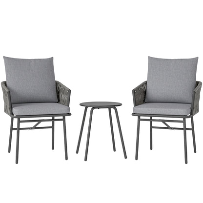 3-Piece Rattan Bistro Set, Seating Group, Garden Furniture with 2 Garden Chairs, Coffee Table, Removable Cushions, Balcony Furniture Set for Garden, Patio, Steel, Gray