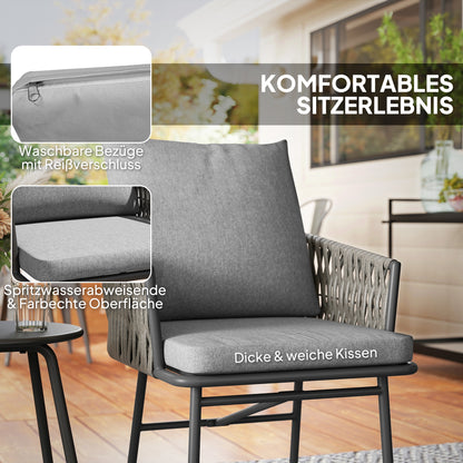 3-Piece Rattan Bistro Set, Seating Group, Garden Furniture with 2 Garden Chairs, Coffee Table, Removable Cushions, Balcony Furniture Set for Garden, Patio, Steel, Gray