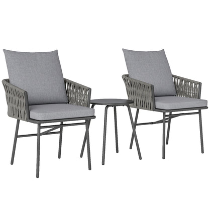 3-Piece Rattan Bistro Set, Seating Group, Garden Furniture with 2 Garden Chairs, Coffee Table, Removable Cushions, Balcony Furniture Set for Garden, Patio, Steel, Gray