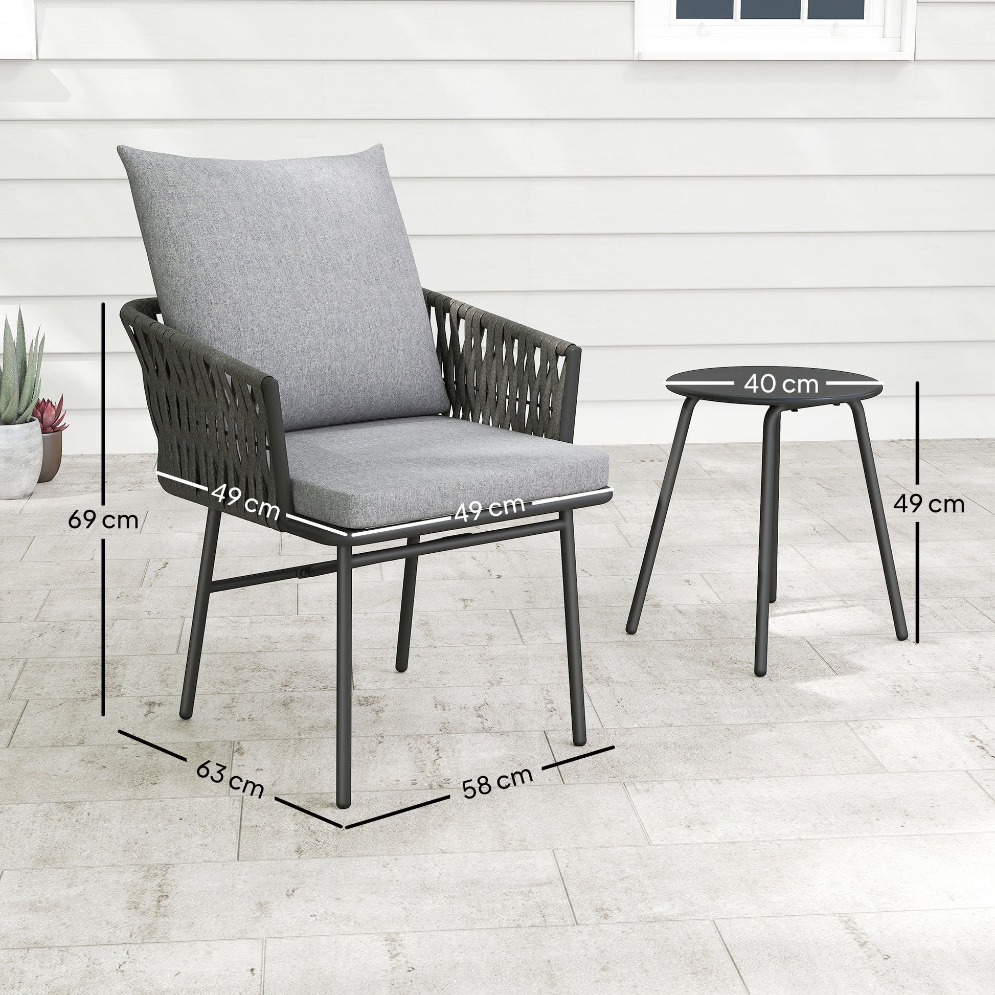 3-Piece Rattan Bistro Set, Seating Group, Garden Furniture with 2 Garden Chairs, Coffee Table, Removable Cushions, Balcony Furniture Set for Garden, Patio, Steel, Gray