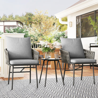 3-Piece Rattan Bistro Set, Seating Group, Garden Furniture with 2 Garden Chairs, Coffee Table, Removable Cushions, Balcony Furniture Set for Garden, Patio, Steel, Gray