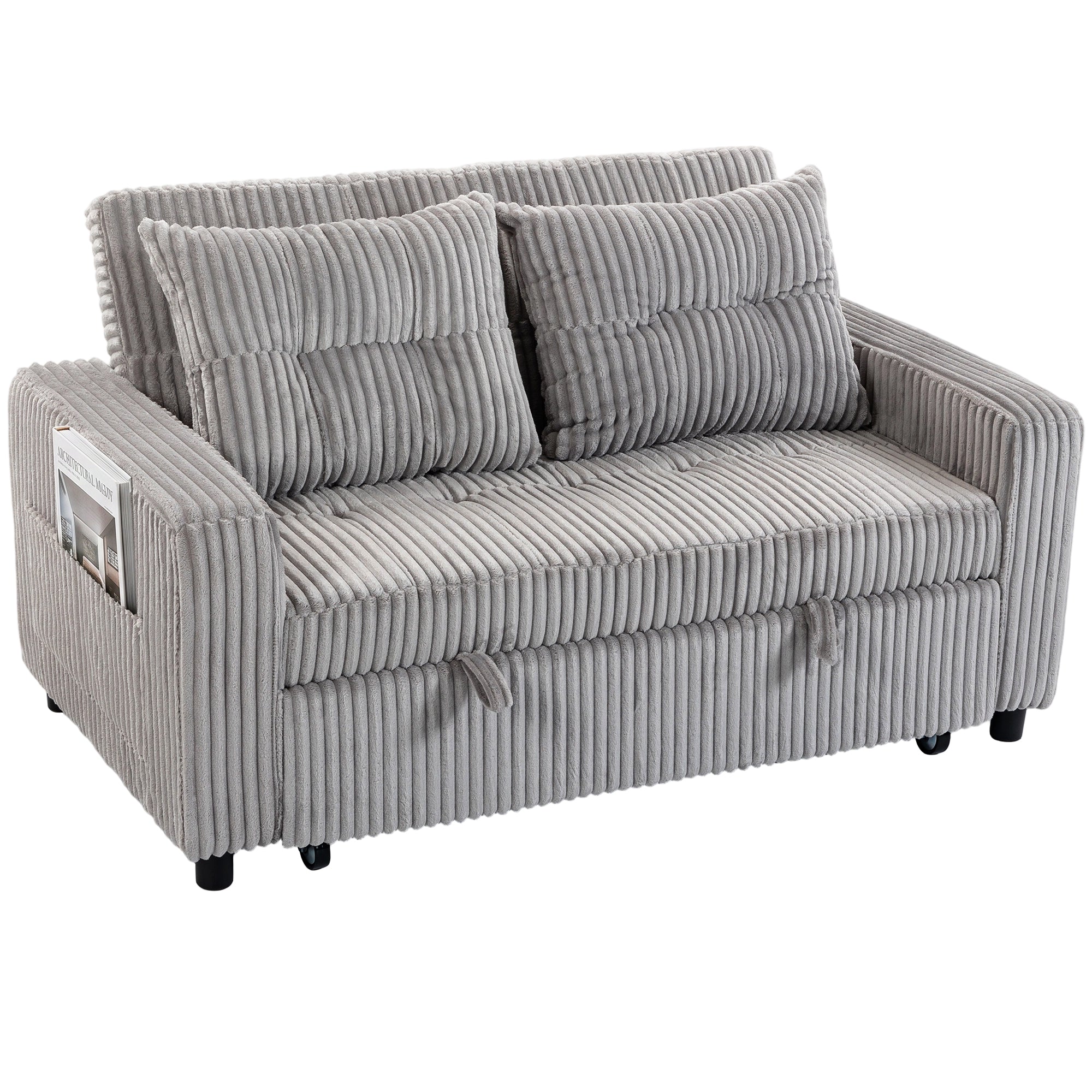 2-Seater Convertible Sofa Bed, Corduroy Upholstery, Light Gray