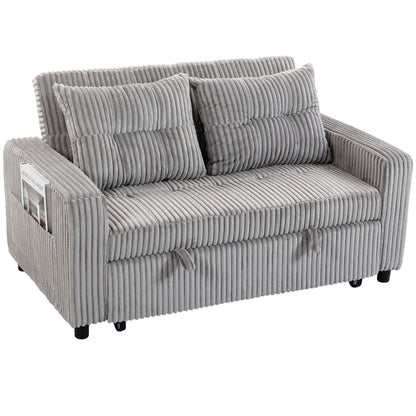 2-Seater Convertible Sofa Bed, Corduroy Upholstery, Light Gray