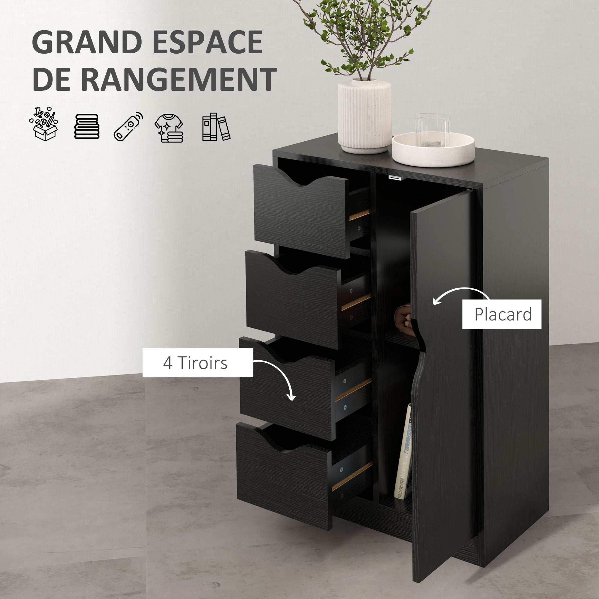 Modern Storage Cabinet Sideboard with 1 Cupboard and 4 Drawers - Wood - for Living Room, Kitchen, Entryway, Dining Room - Black