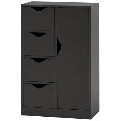 Modern Storage Cabinet Sideboard with 1 Cupboard and 4 Drawers - Wood - for Living Room, Kitchen, Entryway, Dining Room - Black