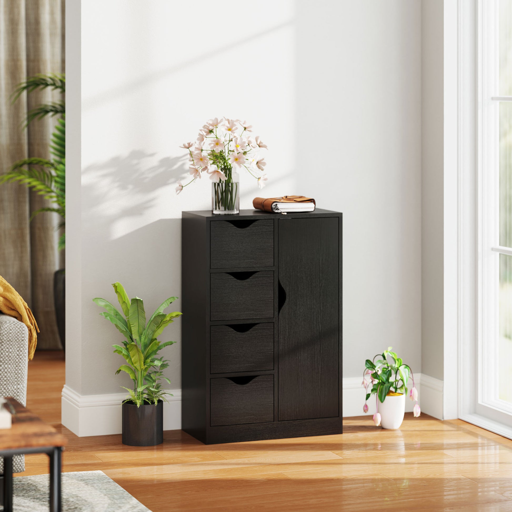 Modern Storage Cabinet Sideboard with 1 Cupboard and 4 Drawers - Wood - for Living Room, Kitchen, Entryway, Dining Room - Black