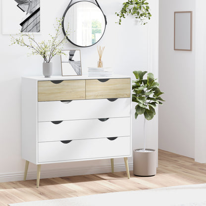 Scandinavian Design 5-Drawer Chest of Drawers Storage Unit Particle Boards 99 x 39 x 101 cm White Light Oak