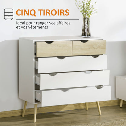 Scandinavian Design 5-Drawer Chest of Drawers Storage Unit Particle Boards 99 x 39 x 101 cm White Light Oak