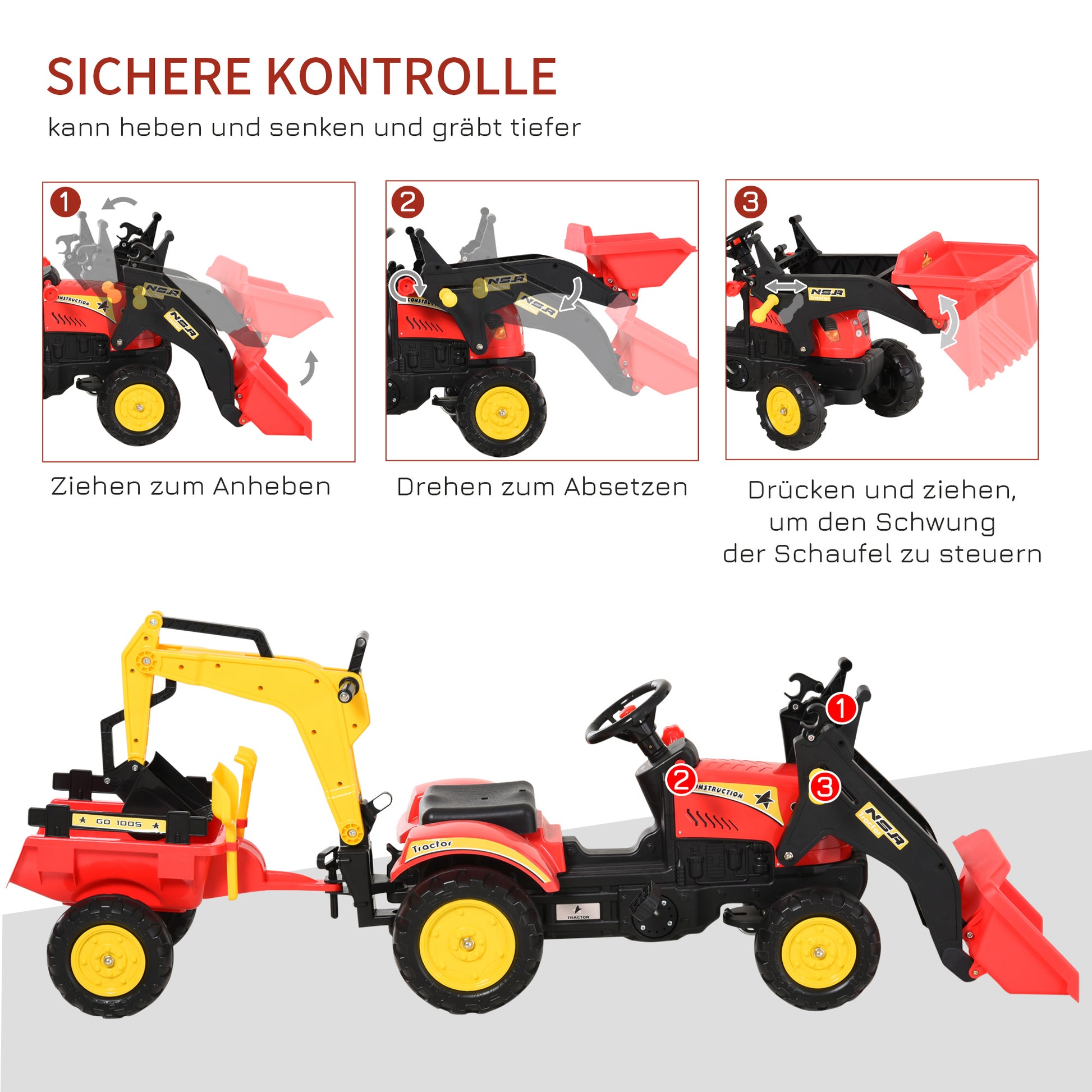 Pedal Tractor with Trailer, Front Loader, Adjustable Shovel, Tractor Ride-On Toy for Children Aged 3 and Above, Red