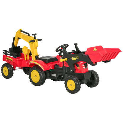 Pedal Tractor with Trailer, Front Loader, Adjustable Shovel, Tractor Ride-On Toy for Children Aged 3 and Above, Red