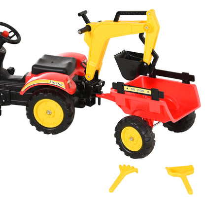 Pedal Tractor with Trailer, Front Loader, Adjustable Shovel, Tractor Ride-On Toy for Children Aged 3 and Above, Red