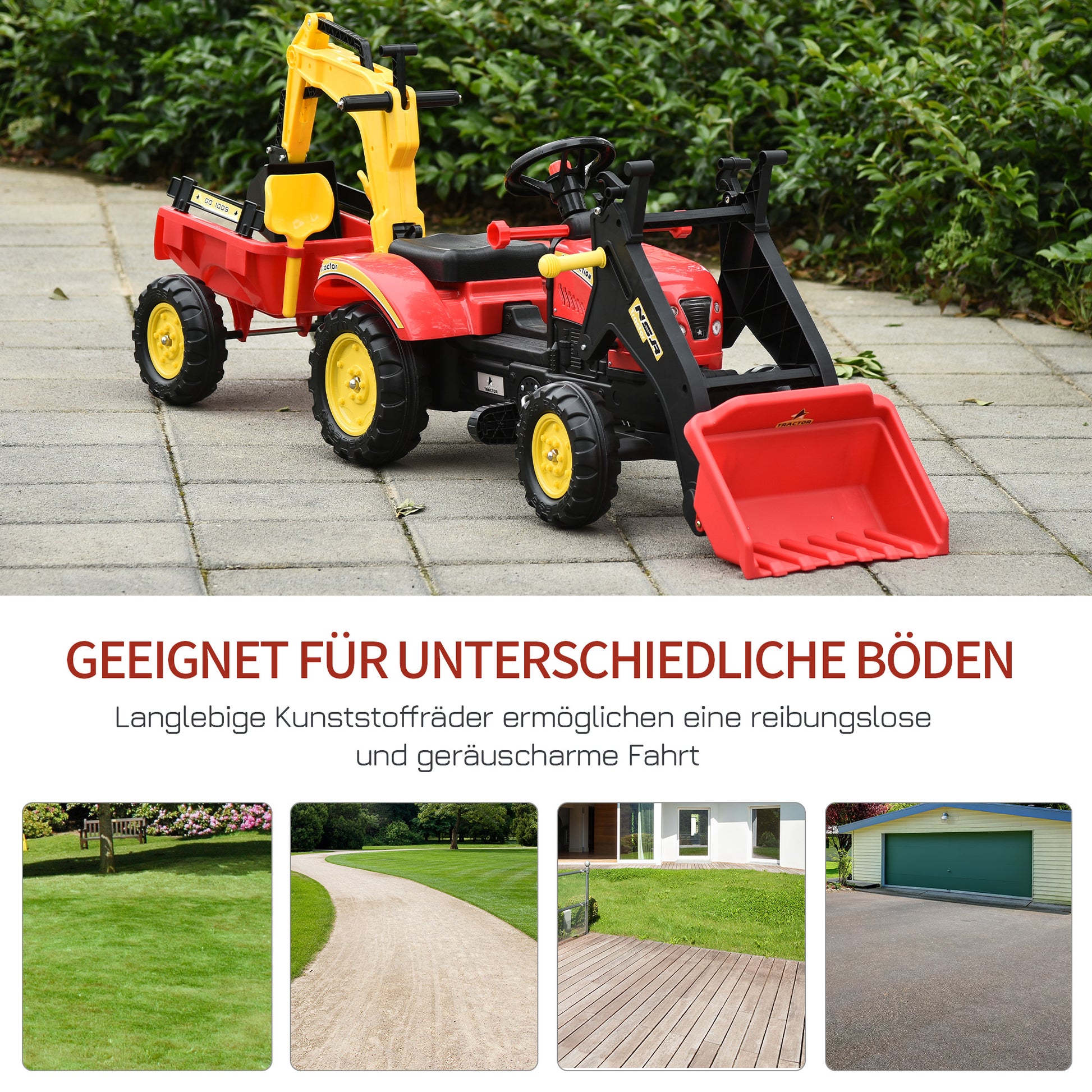 Pedal Tractor with Trailer, Front Loader, Adjustable Shovel, Tractor Ride-On Toy for Children Aged 3 and Above, Red