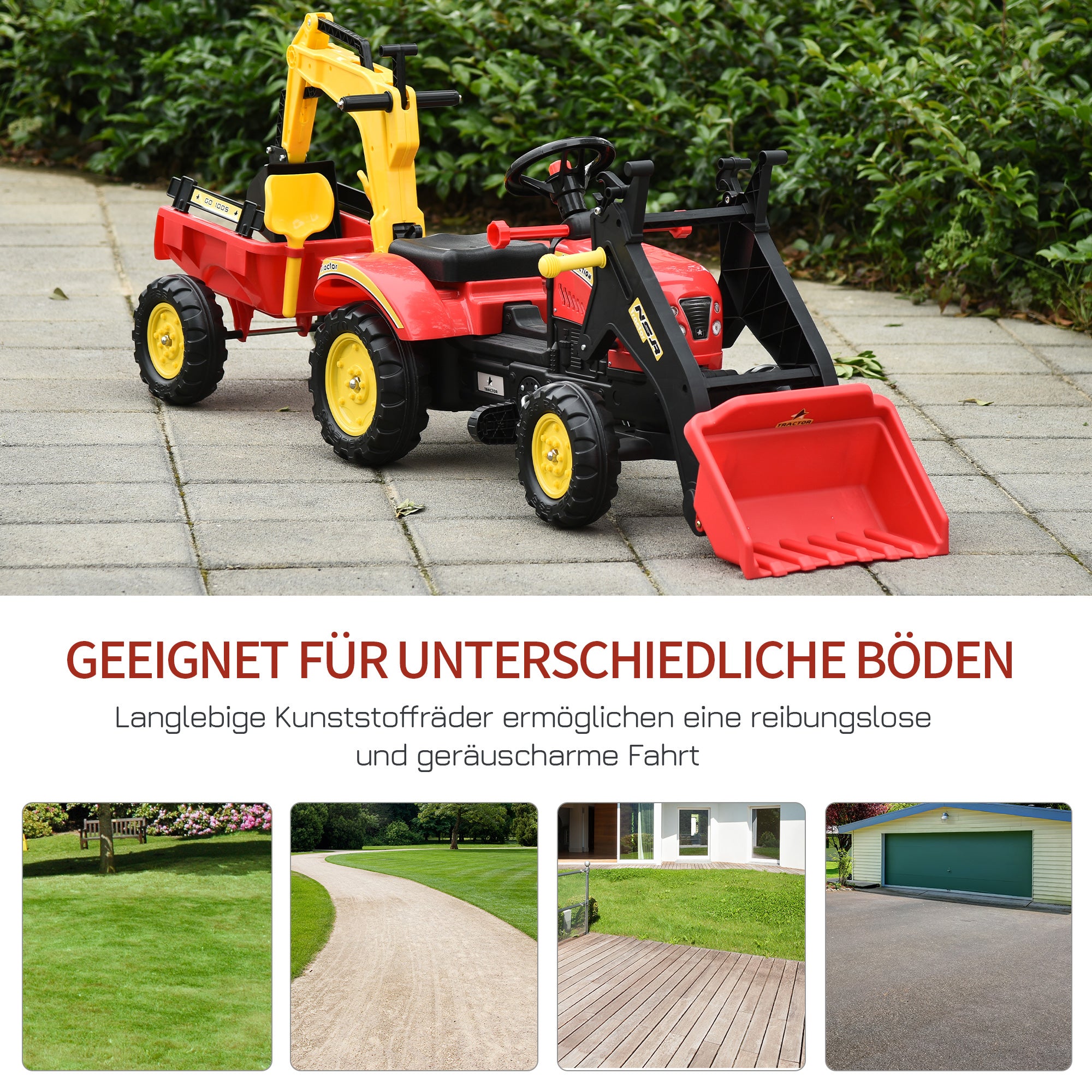 Pedal Tractor with Trailer, Front Loader, Adjustable Shovel, Tractor Ride-On Toy for Children Aged 3 and Above, Red