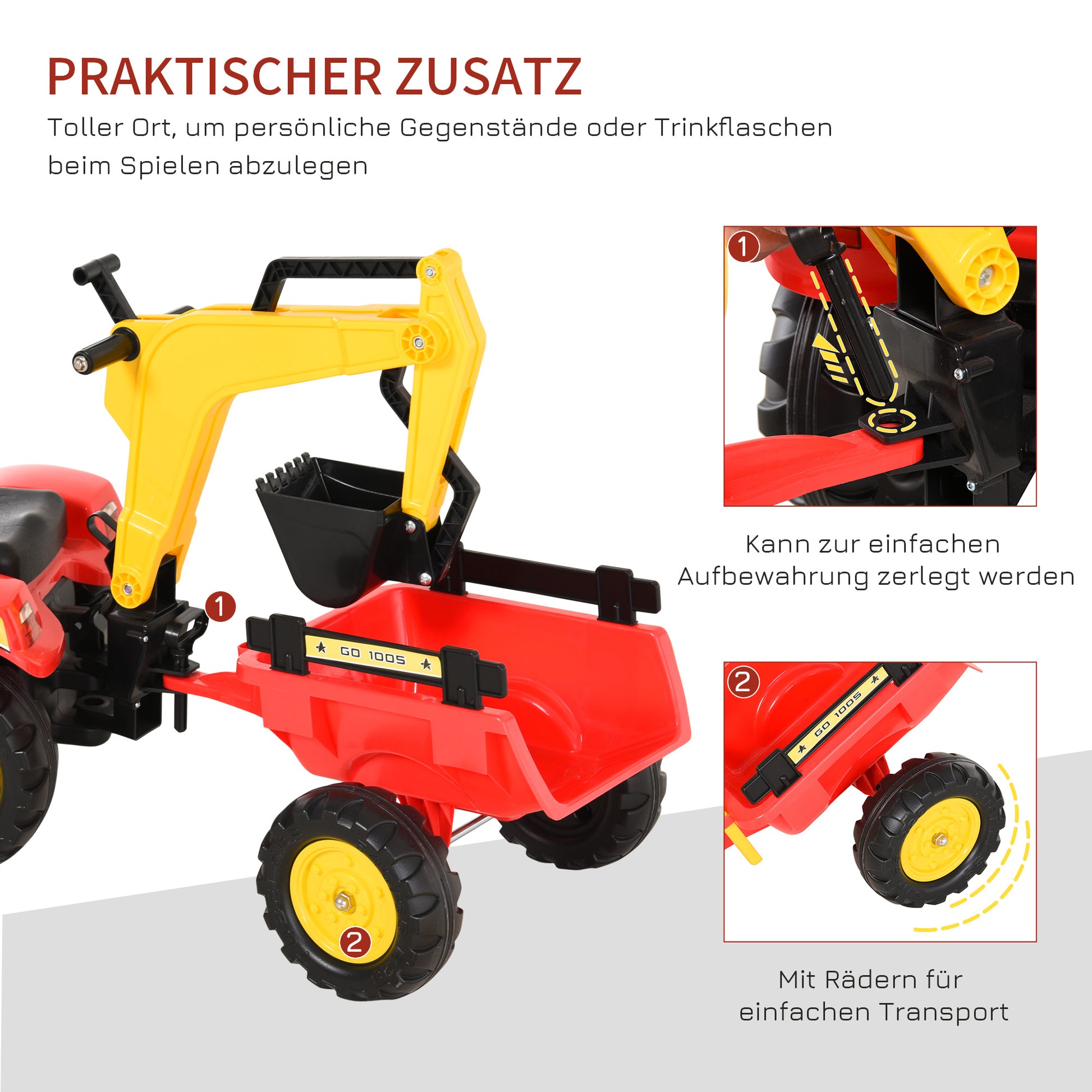 Pedal Tractor with Trailer, Front Loader, Adjustable Shovel, Tractor Ride-On Toy for Children Aged 3 and Above, Red