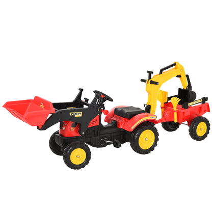 Pedal Tractor with Trailer, Front Loader, Adjustable Shovel, Tractor Ride-On Toy for Children Aged 3 and Above, Red