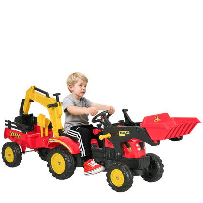 Pedal Tractor with Trailer, Front Loader, Adjustable Shovel, Tractor Ride-On Toy for Children Aged 3 and Above, Red