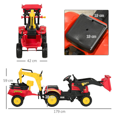 Pedal Tractor with Trailer, Front Loader, Adjustable Shovel, Tractor Ride-On Toy for Children Aged 3 and Above, Red
